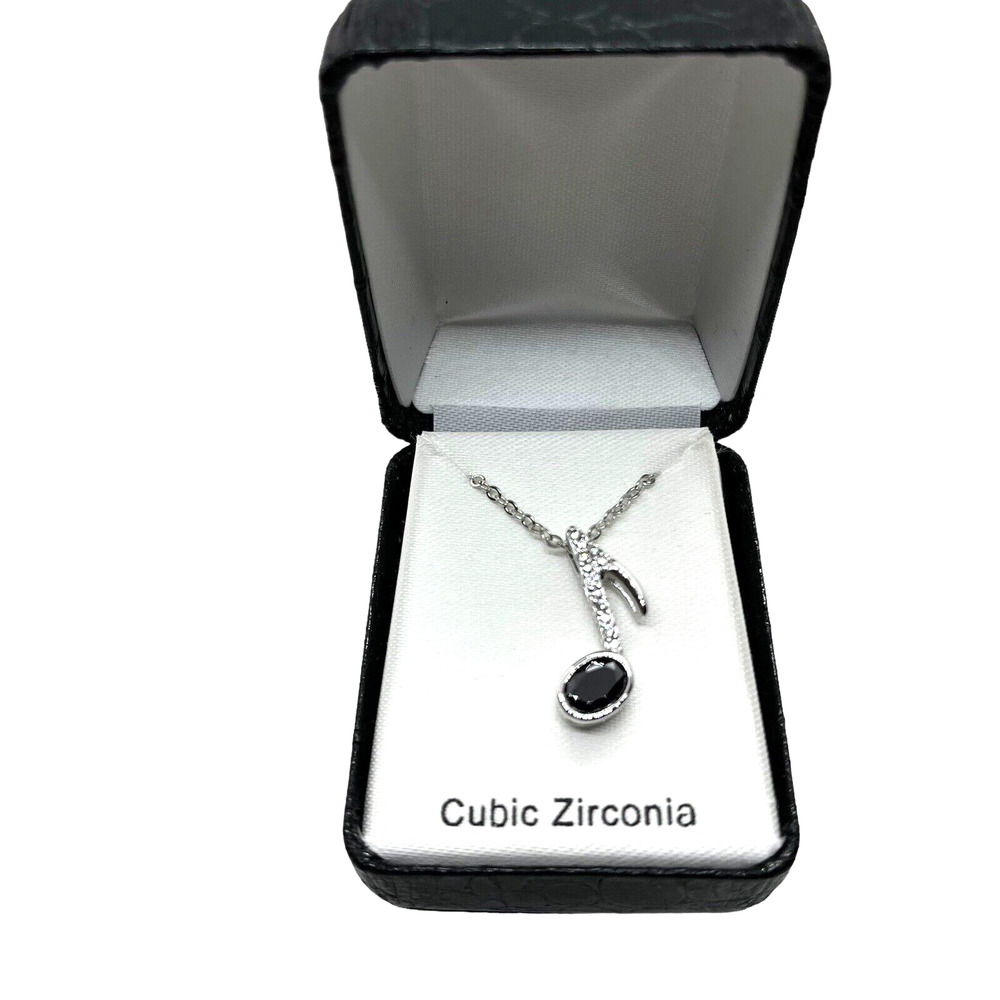 Music Note Necklace 1/8th Note Silver Tone Music Lovers Song CZ Chain Pendant